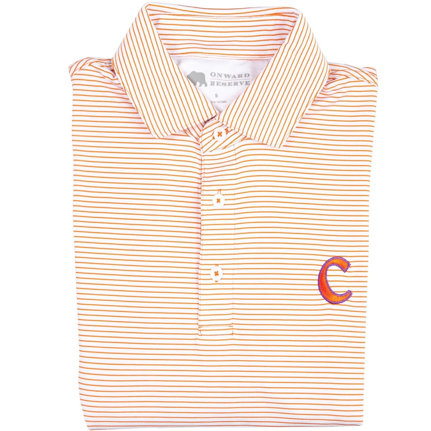 Onward Reserve Birdie Stripe Clemson C Polo - White/Orange