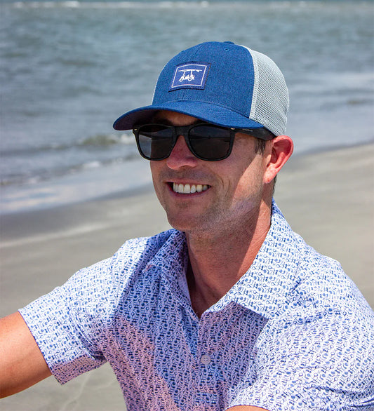 Bald Head Blues Albatross Polo - White w/ All-Over Golf Pattern - Navy & White