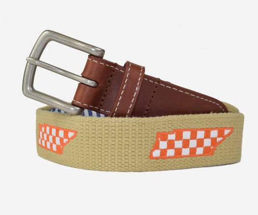 JT Spencer Tennessee Tailgate Embroidered Belt - Orange & White (Khaki)