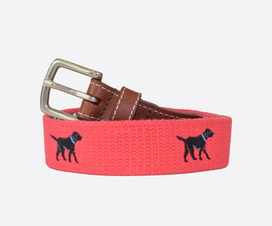 JT Spencer Youth Black Labrador Embroidered Belt - Coral